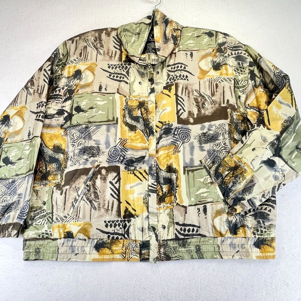 Vintage EVR Womens L Plue Silk Khaki Graffiti Windbreaker Track Jacket Pockets
